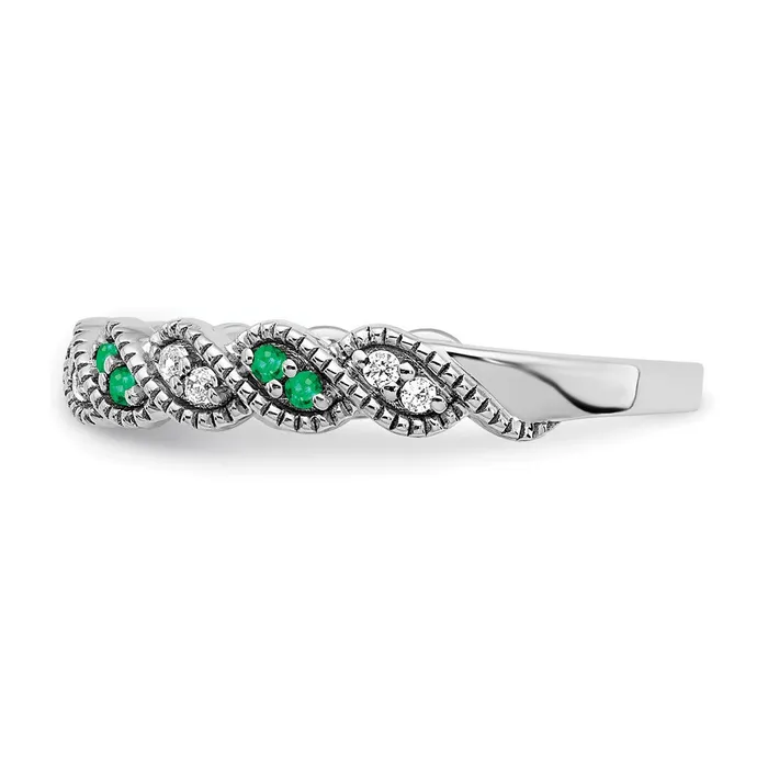 Goldia Solid 14k White Gold Simulated Emerald and CZ Twist Band Rings