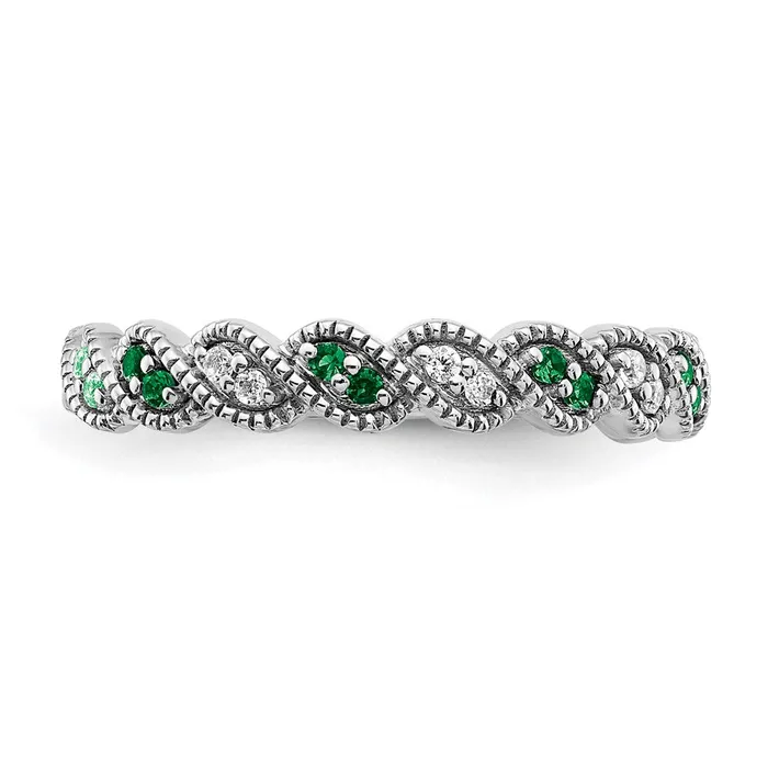 Goldia Solid 14k White Gold Simulated Emerald and CZ Twist Band Rings