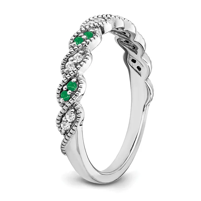 Goldia Solid 14k White Gold Simulated Emerald and CZ Twist Band Rings