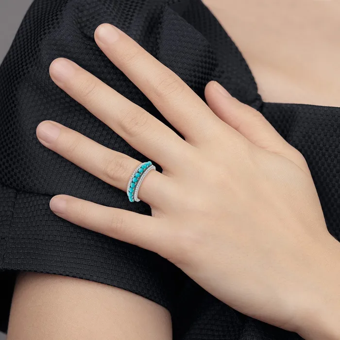 Goldia Solid 14k White Gold Simulated Turquoise and Topaz Ring Rings