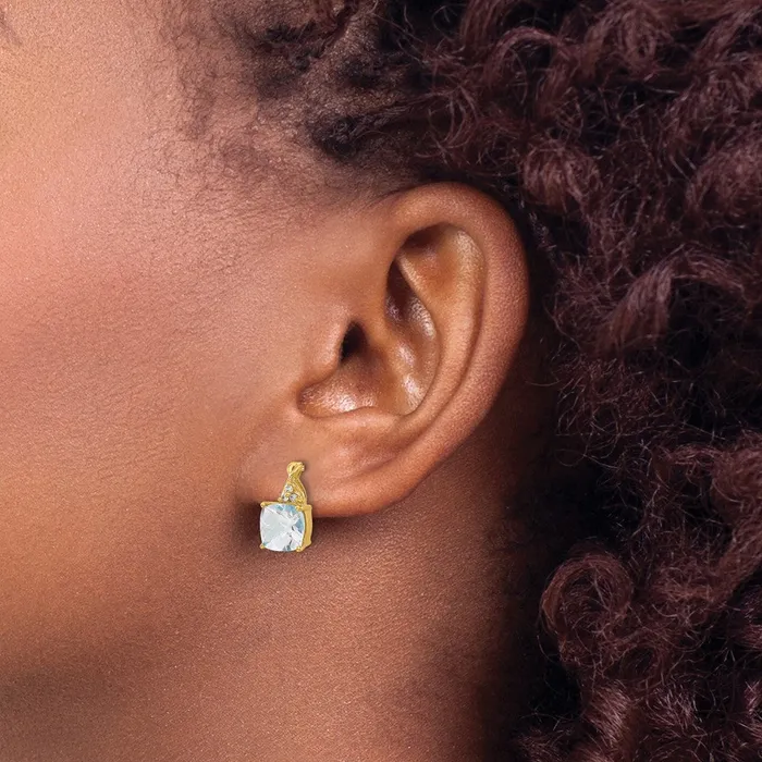 Goldia Solid 14k Yellow Gold ChecKerboard Simulated Aquamarine and CZ Earrings Earrings
