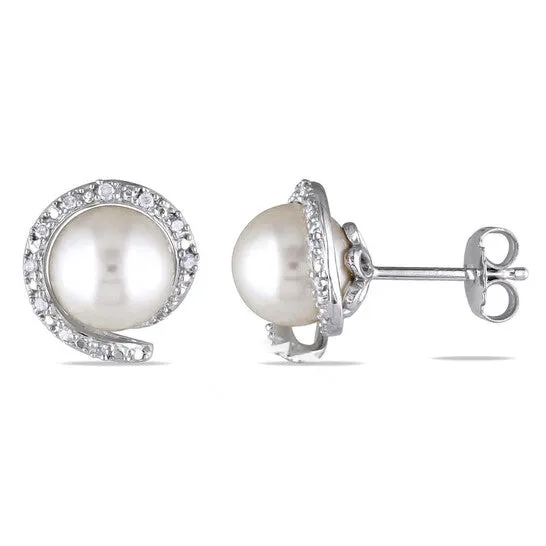 JMS always Earrings Original AMOUR 8 85 Mm White Cultured Freshwater Pearl and 110 CT TW Diamond Earrings In Sterling Silver JMS always Earrings Original AMOUR 8 85 Mm White Cultured Freshwater Pearl and 110 CT TW Diamond Earrings In Sterling Silver