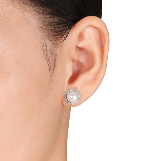 JMS always Earrings Original AMOUR 8 85 Mm White Cultured Freshwater Pearl and 110 CT TW Diamond Earrings In Sterling Silver JMS always Earrings Original AMOUR 8 85 Mm White Cultured Freshwater Pearl and 110 CT TW Diamond Earrings In Sterling Silver