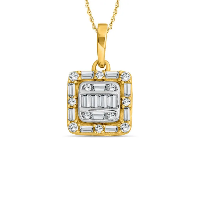 Necklaces Goldia 025 CT TW Baguette and Round Natural Diamond Cushion Frame Pendant in 10K Yellow Gold Necklaces Goldia 025 CT TW Baguette and Round Natural Diamond Cushion Frame Pendant in 10K Yellow Gold