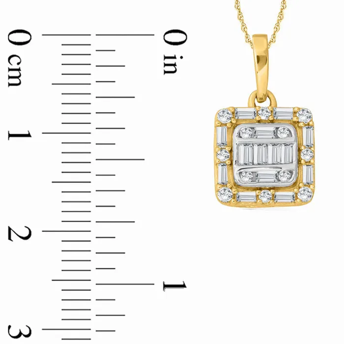 Necklaces Goldia 025 CT TW Baguette and Round Natural Diamond Cushion Frame Pendant in 10K Yellow Gold Necklaces Goldia 025 CT TW Baguette and Round Natural Diamond Cushion Frame Pendant in 10K Yellow Gold