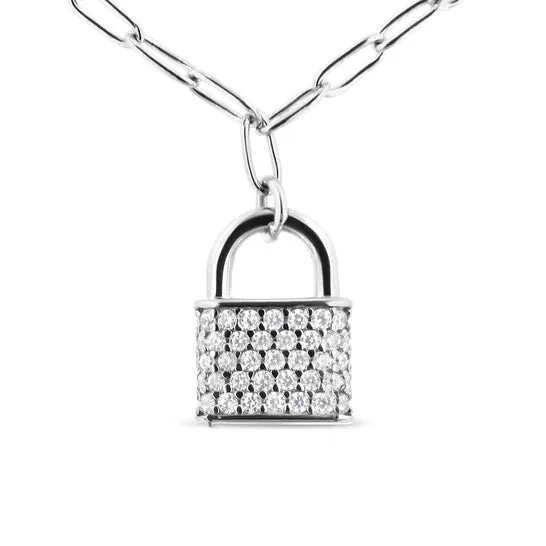 Necklaces JMS always Original Haus of Brilliance 925 Sterling Silver 14 Cttw Diamond Lock 20 Pendant Necklace with Paperclip Chain HI Color SI2I1 Clarity