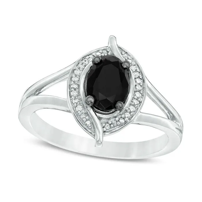 Oval LabCreated Black Sapphire and 005 CT TW Diamond Bead Bypass Swirl Frame Ring in Sterling Silver Goldia Rings