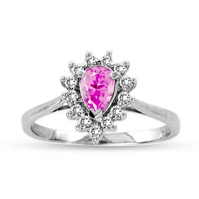 PearShaped Pink Sapphire and 020 CT TW Natural Diamond Frame Engagement Ring in Solid 14K White Gold Goldia Rings PearShaped Pink Sapphire and 020 CT TW Natural Diamond Frame Engagement Ring in Solid 14K White Gold Goldia Rings