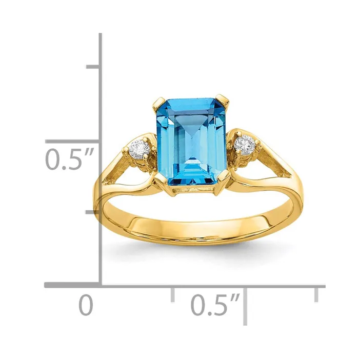 Rings 14k Yellow Gold 8x6mm Emerald Cut Blue Topaz AAA Diamond ring Goldia