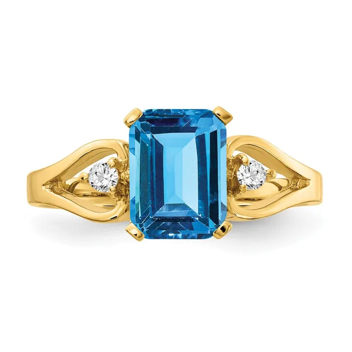 Rings 14k Yellow Gold 8x6mm Emerald Cut Blue Topaz AAA Diamond ring Goldia