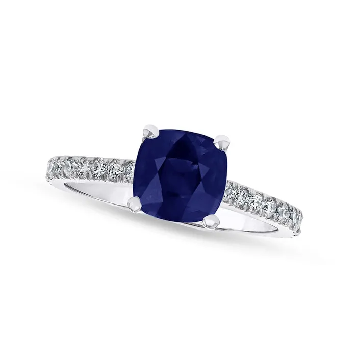 Rings 50mm CushionCut Blue Sapphire and 033 CT TW Natural Diamond Ring in Solid 14K White Gold Goldia Rings 50mm CushionCut Blue Sapphire and 033 CT TW Natural Diamond Ring in Solid 14K White Gold Goldia