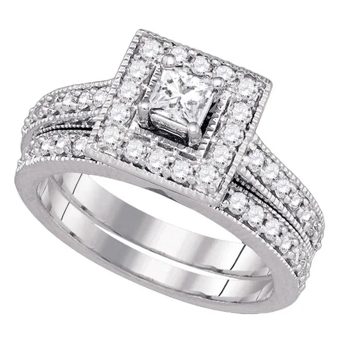 Rings gndatlanta 14k White Gold Princess Diamond Solitaire Halo Wedding Ring Set 1 Cttw Certified Rings gndatlanta 14k White Gold Princess Diamond Solitaire Halo Wedding Ring Set 1 Cttw Certified
