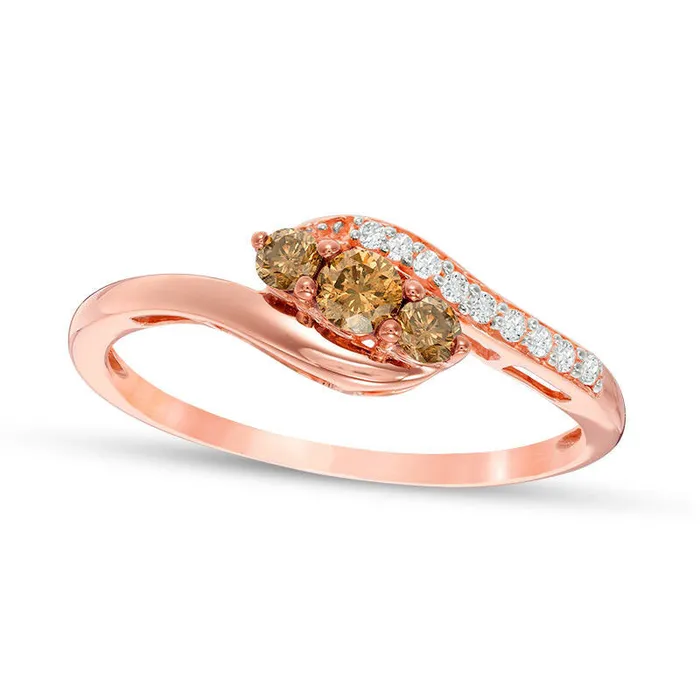 Rings Goldia 025 CT TW Enhanced Champagne and White Natural Diamond Three Stone Bypass Ring in Solid 10K Rose Gold Rings Goldia 025 CT TW Enhanced Champagne and White Natural Diamond Three Stone Bypass Ring in Solid 10K Rose Gold