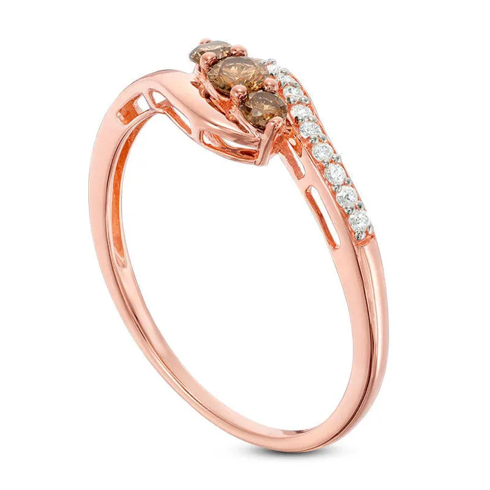 Rings Goldia 025 CT TW Enhanced Champagne and White Natural Diamond Three Stone Bypass Ring in Solid 10K Rose Gold Rings Goldia 025 CT TW Enhanced Champagne and White Natural Diamond Three Stone Bypass Ring in Solid 10K Rose Gold