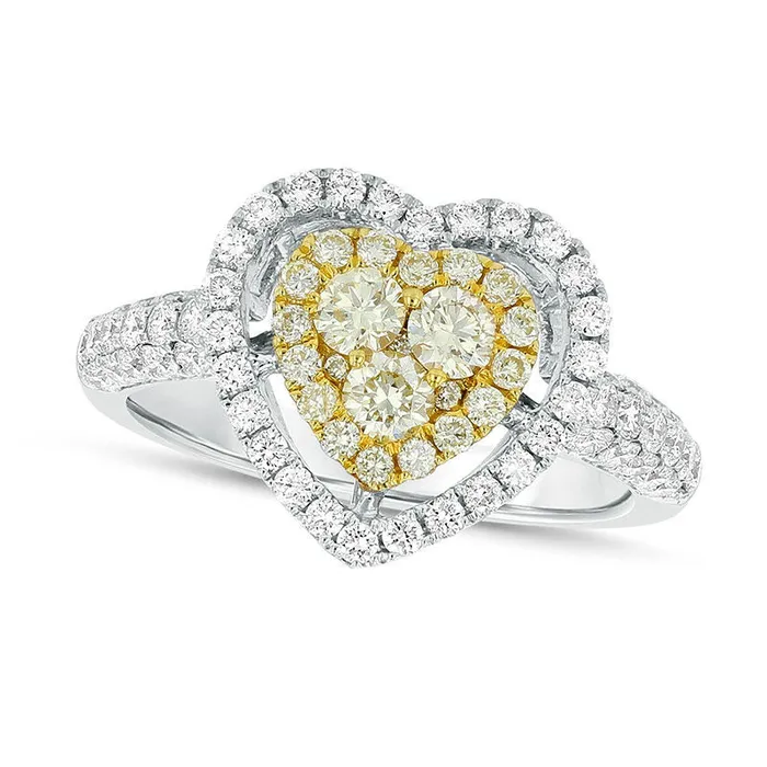 Rings Goldia 120 CT TW Composite Yellow and White Natural Diamond Double HeartShaped Frame Ring in Solid 18K TwoTone Gold SI1 Rings Goldia 120 CT TW Composite Yellow and White Natural Diamond Double HeartShaped Frame Ring in Solid 18K TwoTone Gold SI1