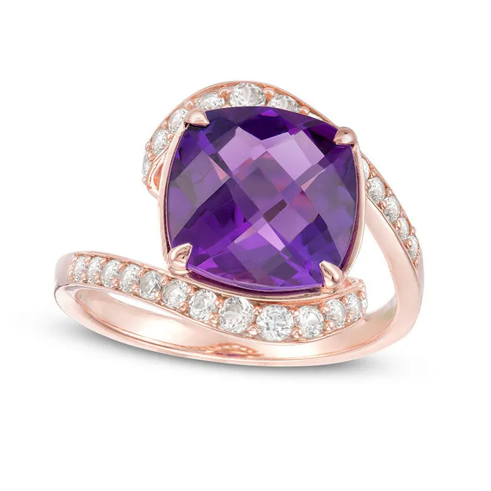 Rings Goldia 100mm CushionCut Amethyst and 038 CT TW Natural Diamond Bypass Ring in Solid 10K Rose Gold Rings Goldia 100mm CushionCut Amethyst and 038 CT TW Natural Diamond Bypass Ring in Solid 10K Rose Gold