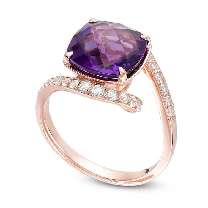 Rings Goldia 100mm CushionCut Amethyst and 038 CT TW Natural Diamond Bypass Ring in Solid 10K Rose Gold Rings Goldia 100mm CushionCut Amethyst and 038 CT TW Natural Diamond Bypass Ring in Solid 10K Rose Gold