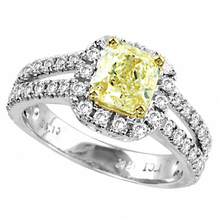 Rings Goldia 20 CT TW RadiantCut Natural Fancy Yellow and White Natural Diamond Split Shank Framed Ring in Solid 18K White Gold SI2 Rings Goldia 20 CT TW RadiantCut Natural Fancy Yellow and White Natural Diamond Split Shank Framed Ring in Solid 18K White Gold SI2