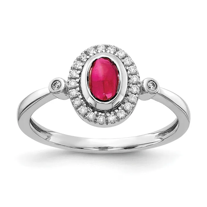 Solid 14k White Gold Simulated CZ and Oval Cabochon Ruby Halo Ring Goldia Rings Solid 14k White Gold Simulated CZ and Oval Cabochon Ruby Halo Ring Goldia Rings