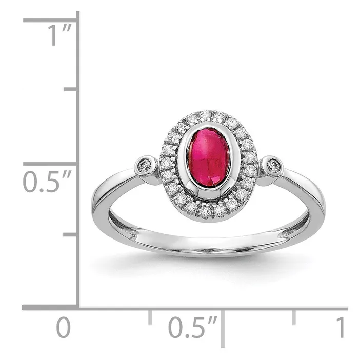 Solid 14k White Gold Simulated CZ and Oval Cabochon Ruby Halo Ring Goldia Rings