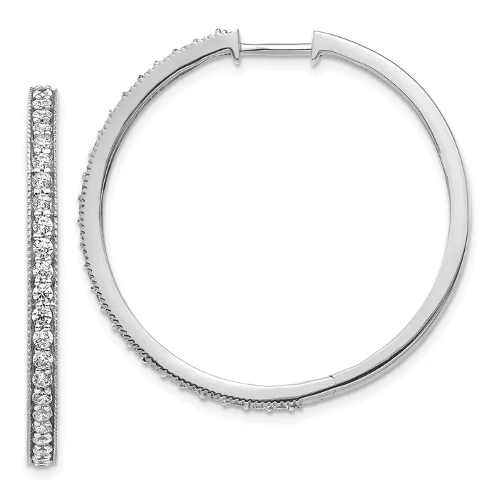 Solid 14k White Gold Simulated CZ Milgrain Hoop Earrings Goldia Earrings