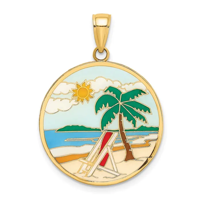14k Yellow Gold Enamel Beach Scene On Round Disc Charm TreasureFineJewelers Charm Necklaces 14k Yellow Gold Enamel Beach Scene On Round Disc Charm TreasureFineJewelers Charm Necklaces