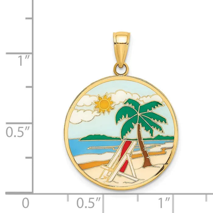 14k Yellow Gold Enamel Beach Scene On Round Disc Charm TreasureFineJewelers Charm Necklaces