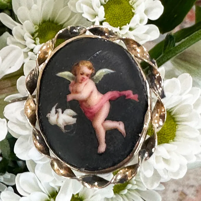 9 Karat Yellow Gold Victorian Painted Cherub Pin 54800539 ONeills Estate Jewelry PreStyled Sets