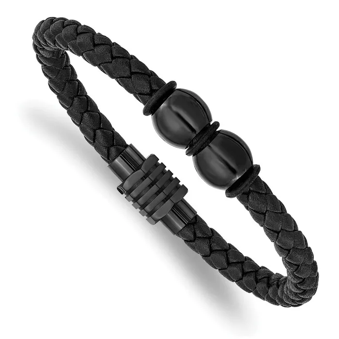 Bracelets TreasureFineJewelers Chisel Stainless Steel Polished Black IPplated Braided Black Leather and Rubber 825 inch Bracelet Bracelets TreasureFineJewelers Chisel Stainless Steel Polished Black IPplated Braided Black Leather and Rubber 825 inch Bracelet
