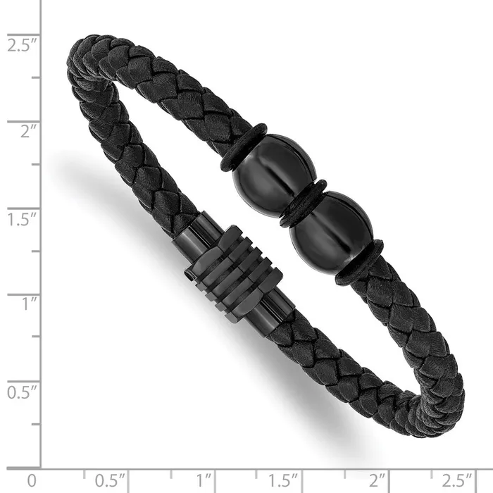 Bracelets TreasureFineJewelers Chisel Stainless Steel Polished Black IPplated Braided Black Leather and Rubber 825 inch Bracelet