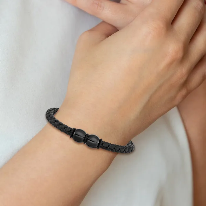 Bracelets TreasureFineJewelers Chisel Stainless Steel Polished Black IPplated Braided Black Leather and Rubber 825 inch Bracelet
