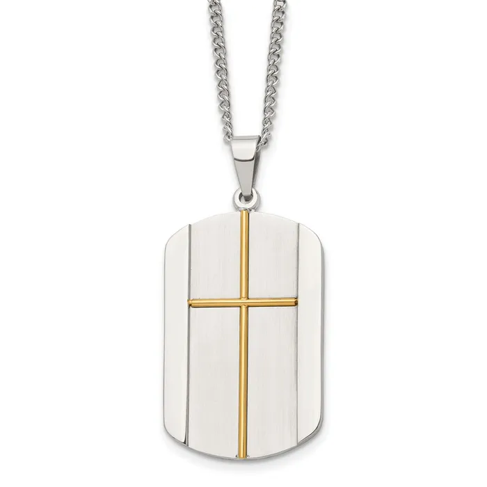 Chisel Stainless Steel Brushed and Polished Yellow IPplated Cross Dog Tag on a 22 inch Curb Chain Necklace TreasureFineJewelers Necklaces Chisel Stainless Steel Brushed and Polished Yellow IPplated Cross Dog Tag on a 22 inch Curb Chain Necklace TreasureFineJewelers Necklaces