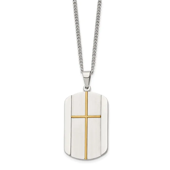 Chisel Stainless Steel Brushed and Polished Yellow IPplated Cross Dog Tag on a 22 inch Curb Chain Necklace TreasureFineJewelers Necklaces