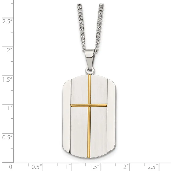 Chisel Stainless Steel Brushed and Polished Yellow IPplated Cross Dog Tag on a 22 inch Curb Chain Necklace TreasureFineJewelers Necklaces