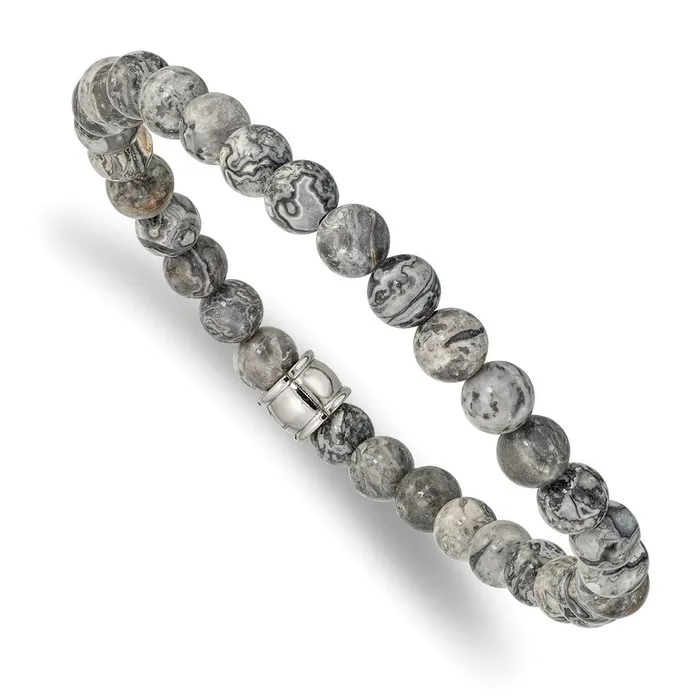 Chisel Stainless Steel Polished 6mm Grey Jasper Beaded Stretch Bracelet TreasureFineJewelers Bracelets Chisel Stainless Steel Polished 6mm Grey Jasper Beaded Stretch Bracelet TreasureFineJewelers Bracelets