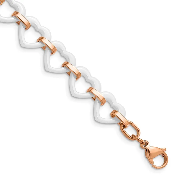 Chisel Stainless Steel Polished Rose IPplated with White Ceramic Heart Links 725 inch Bracelet with 75 inch Extension TreasureFineJewelers Bracelets Chisel Stainless Steel Polished Rose IPplated with White Ceramic Heart Links 725 inch Bracelet with 75 inch Extension TreasureFineJewelers Bracelets