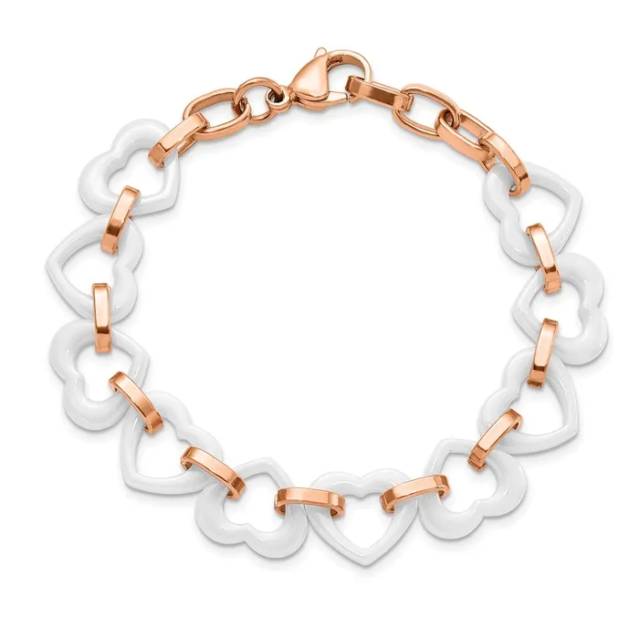 Chisel Stainless Steel Polished Rose IPplated with White Ceramic Heart Links 725 inch Bracelet with 75 inch Extension TreasureFineJewelers Bracelets