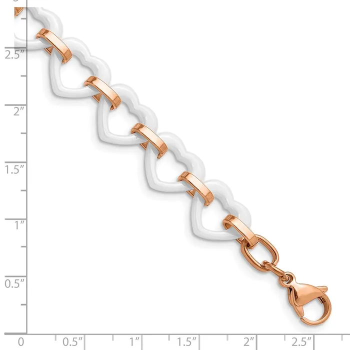 Chisel Stainless Steel Polished Rose IPplated with White Ceramic Heart Links 725 inch Bracelet with 75 inch Extension TreasureFineJewelers Bracelets