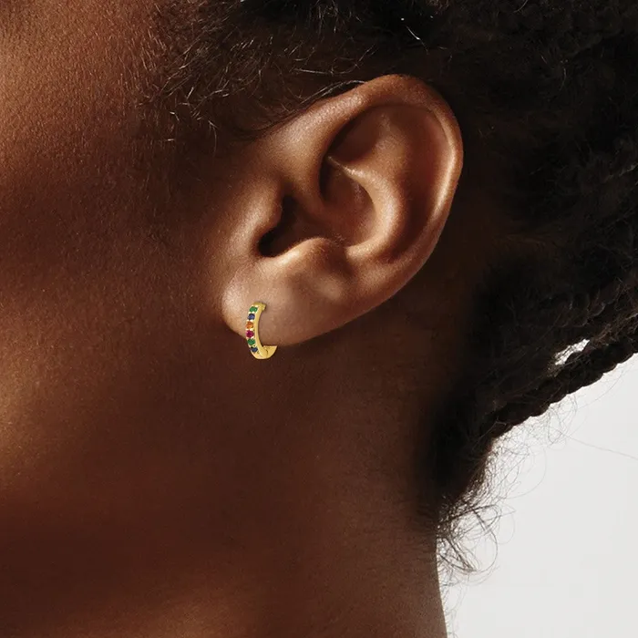 Earrings TreasureFineJewelers Prizma Sterling Silver Goldtone 14K Flash Goldplated Colorful CZ Small Hinged Hoop Earrings