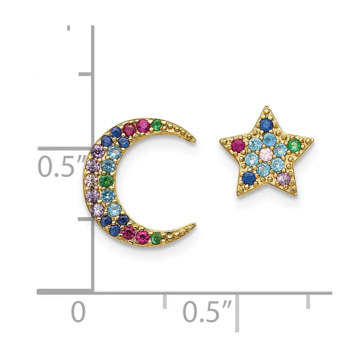Earrings TreasureFineJewelers Prizma Sterling Silver Goldtone 14K Flash Goldplated Moon and Star Colorful CZ Post Earrings