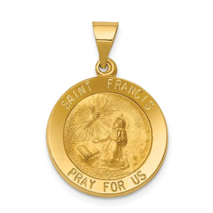Necklaces TreasureFineJewelers 14k Yellow Gold Polished and Satin St Francis Medal Hollow Pendant Necklaces TreasureFineJewelers 14k Yellow Gold Polished and Satin St Francis Medal Hollow Pendant