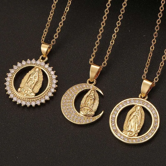 Necklaces Trendolla Jewelry 18K Gold Plated Virgin Mary Religious Sun Moon Virgencita Necklace