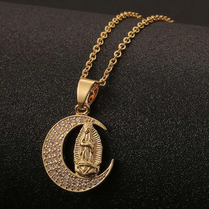 Necklaces Trendolla Jewelry 18K Gold Plated Virgin Mary Religious Sun Moon Virgencita Necklace