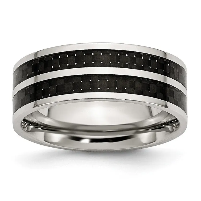 Stainless Steel Polished Double Row Black Carbon Fiber Inlay 8mm Band TreasureFineJewelers Rings Stainless Steel Polished Double Row Black Carbon Fiber Inlay 8mm Band TreasureFineJewelers Rings