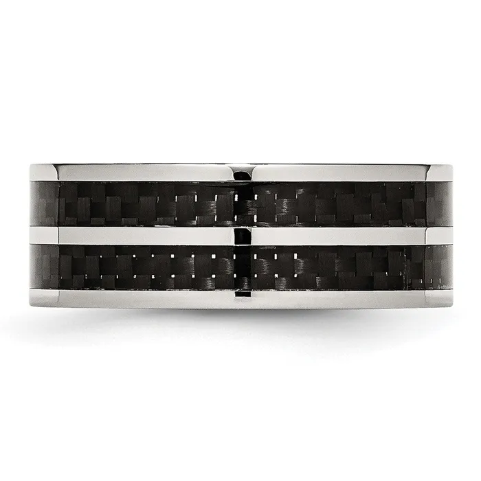 Stainless Steel Polished Double Row Black Carbon Fiber Inlay 8mm Band TreasureFineJewelers Rings