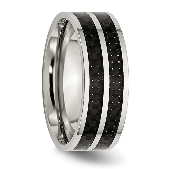 Stainless Steel Polished Double Row Black Carbon Fiber Inlay 8mm Band TreasureFineJewelers Rings