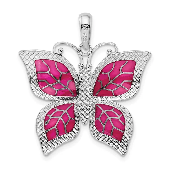 Sterling Silver Polished Enameled Fuchsia Butterfly Pendant TreasureFineJewelers Necklaces