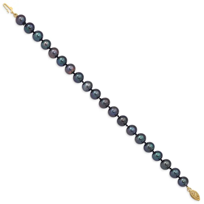 TreasureFineJewelers Bracelets 14k 89mm Black Near Round Freshwater Cultured Pearl Bracelet