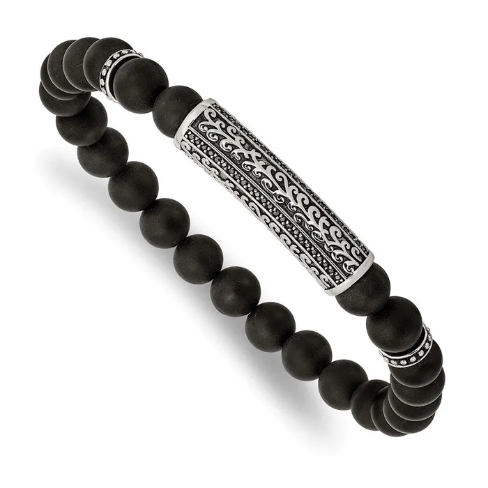 TreasureFineJewelers Bracelets Chisel Stainless Steel Antiqued and Polished with Black CZ 85mm Agate Beaded Stretch Bracelet TreasureFineJewelers Bracelets Chisel Stainless Steel Antiqued and Polished with Black CZ 85mm Agate Beaded Stretch Bracelet