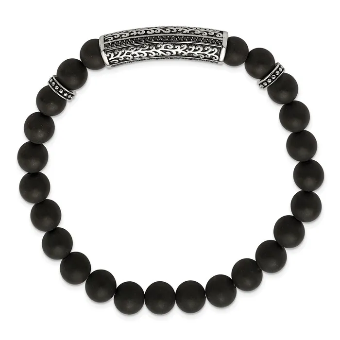 TreasureFineJewelers Bracelets Chisel Stainless Steel Antiqued and Polished with Black CZ 85mm Agate Beaded Stretch Bracelet